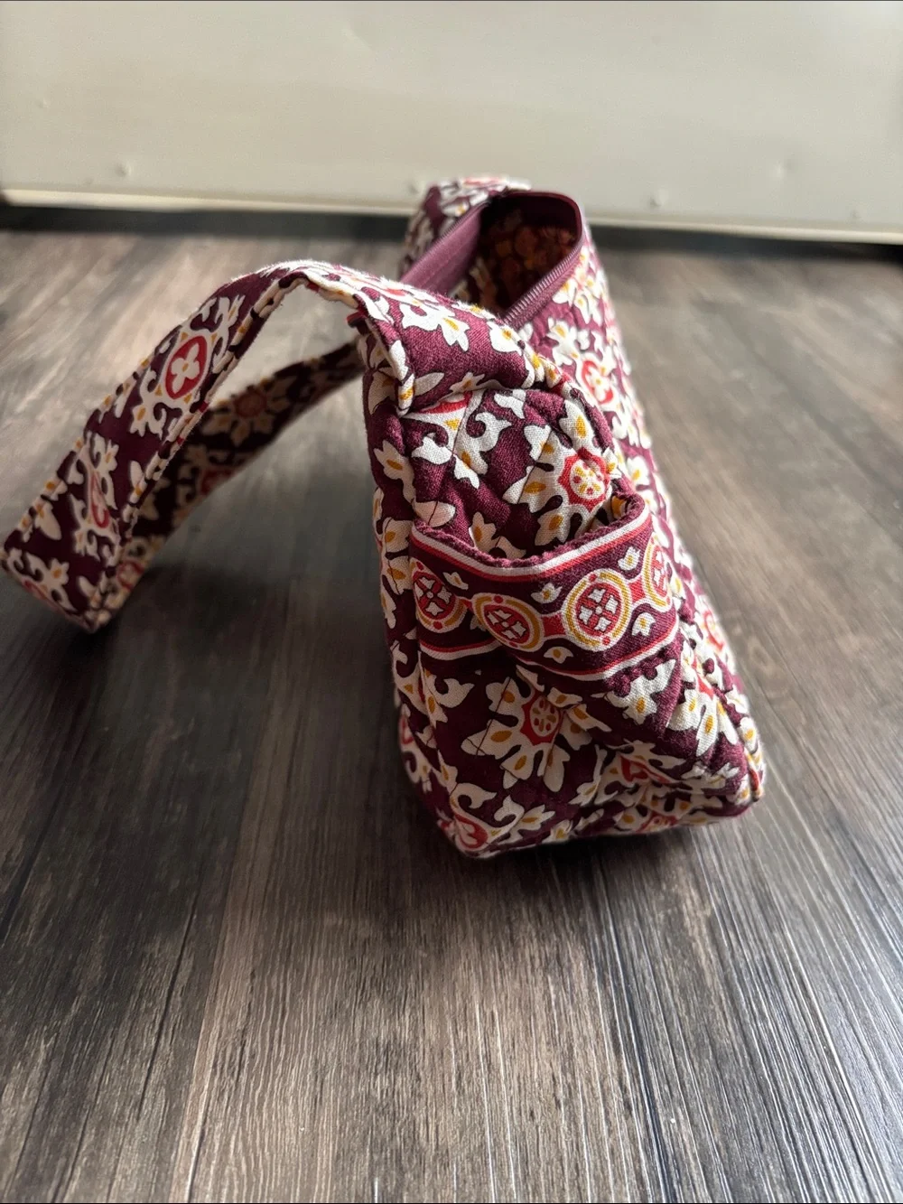 Vera Bradley Quilted Small Single Wide Strap Tote Handbag Burgundy Floral Print